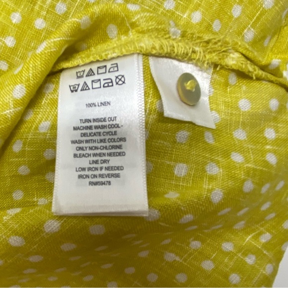 Rachel Zoe Womens 1X Linen Button Down Yellow White Polka Dot Blouse Casual Fun - Picture 12 of 14